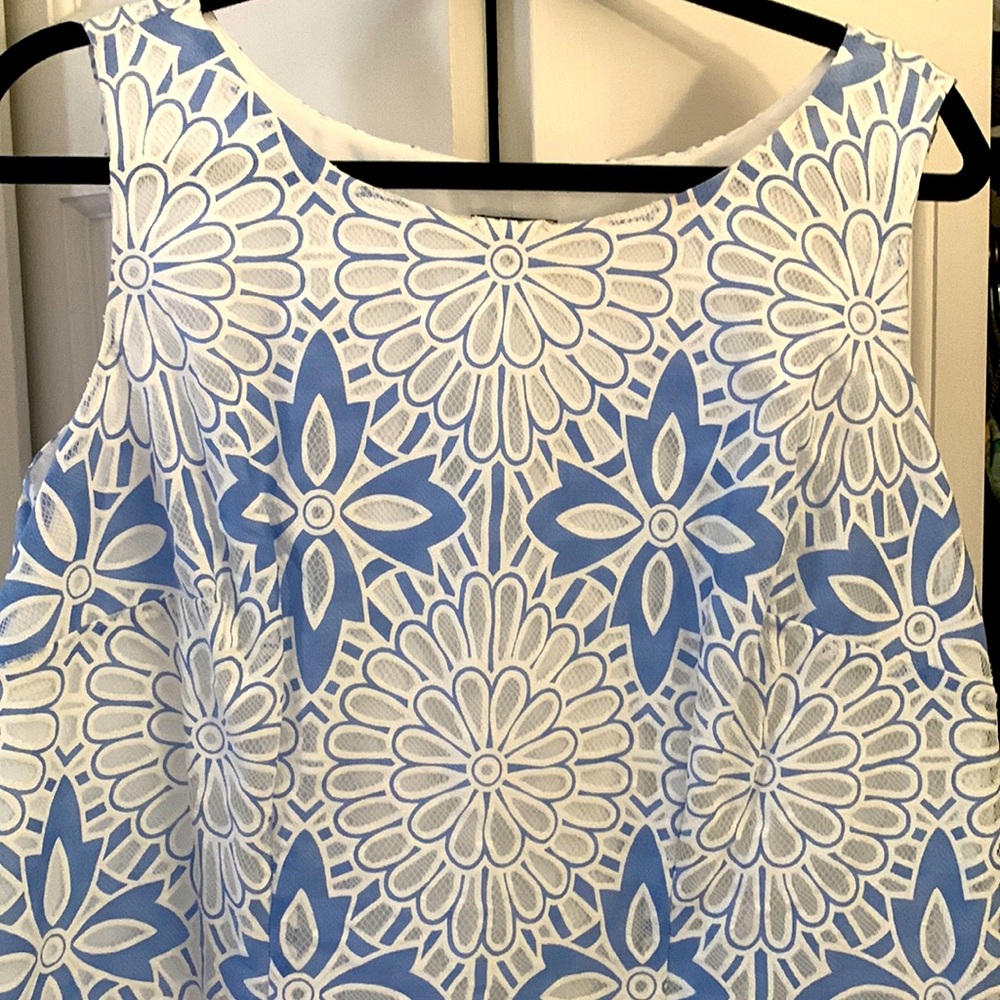 Cornflower, blue and white floral sleeveless dress.